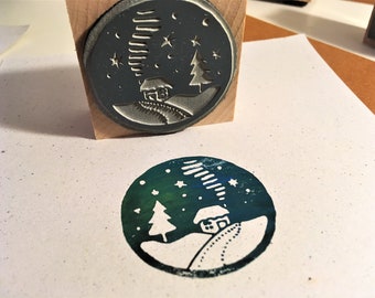 Rubber stamp winter landscape, winter wonderland wooden mounted paper craft gift self-made design stamp