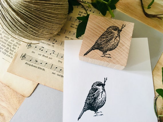 Vintage rubber stamp bird sparrow wooden mounted paper craft gift self-made design stempel