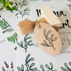Rubber stamp botanic mistletoe branch plant berry wooden mounted paper craft gift self-made design stempel