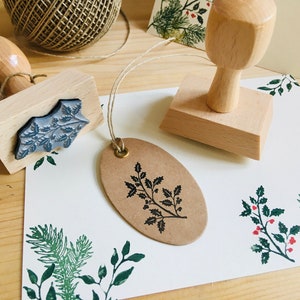 Rubber stamp botanic holly tree branch berries plant wooden mounted paper craft gift self-made design stempel invitation