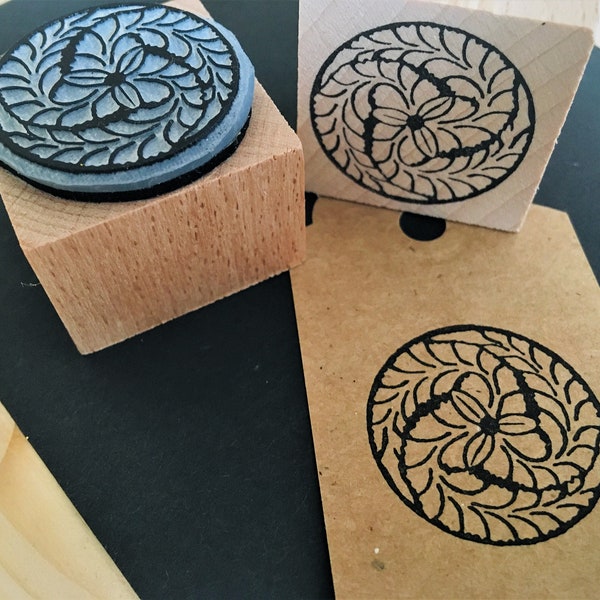 Rubber stamp japanese art vintage decoration flower leaves nature motif wooden mounted paper craft gift self-made design stamp