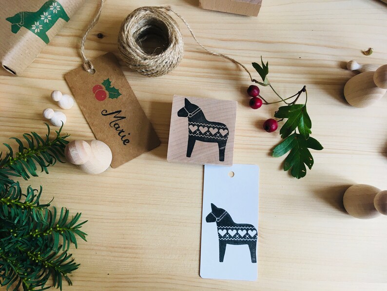 Rubber stamp dala horse with heart pattern scandinavian nordic christmas motive wooden mounted paper craft gift self-made design stempel