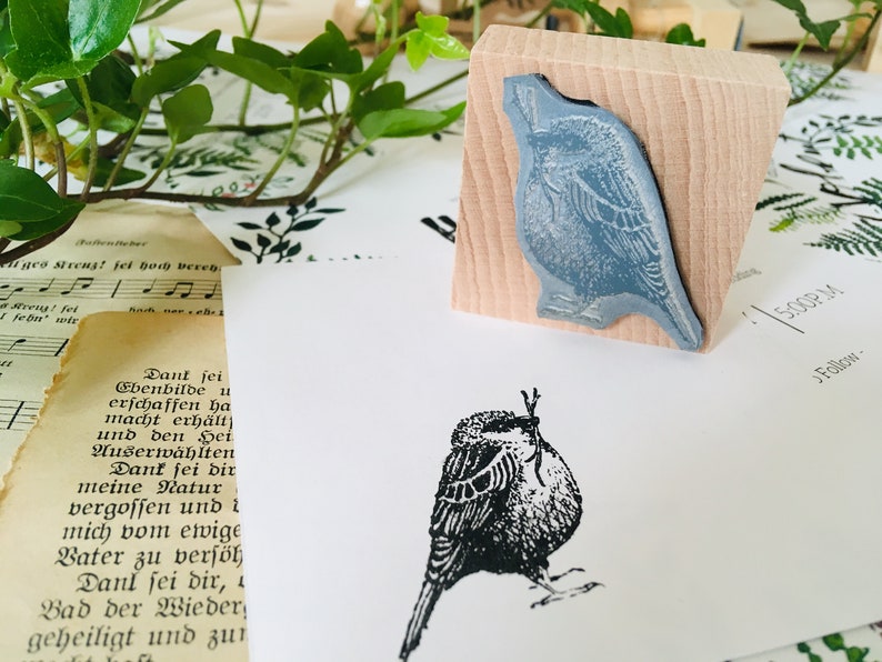Puede incluir: Un sello de madera con un dise&ntilde;o de p&aacute;jaro azul, junto a una imagen impresa del mismo p&aacute;jaro. El sello est&aacute; sobre una superficie blanca con texto y vegetaci&oacute;n en el fondo. El p&aacute;jaro impreso es en blanco y negro.