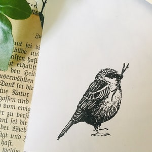 Puede incluir: Ilustraci&oacute;n en blanco y negro de un peque&ntilde;o p&aacute;jaro sosteniendo ramitas en su pico. El p&aacute;jaro est&aacute; sobre un fondo blanco, con un trozo de papel rasgado con texto en alem&aacute;n y una hoja verde en la esquina superior izquierda.