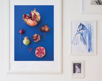 Pomegranate, blue background, indigo, dark background, blue and red, Pomegranate print, Pomegranate flat lay