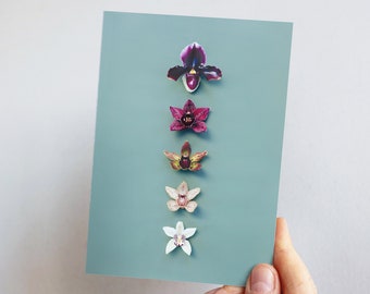 Impression d’orchidées, carte d’orchidée, fond vert, art de pépinière, orchidée pantoufle de Vénus, Phalaenopsis, pantoufle de dame, impression spirituelle