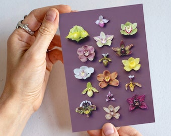 Impression d’orchidées, carte d’orchidée, fond violet, art de pépinière, orchidée pantoufle de Vénus, Phalaenopsis, pantoufle de dame, impression spirituelle