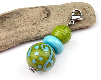 Glass bead pendant olive turquoise/pendant with stainless steel carabiner/lampwork pendant/pendant handmade glass beads/