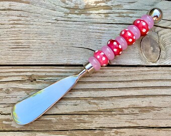 Spread knife/butter knife "think pink" stainless steel handmade glass beads lampwork