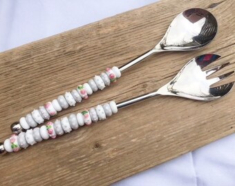 Salad cutlery "Anna" / stainless steel / two-piece / handmade glass beads / unique