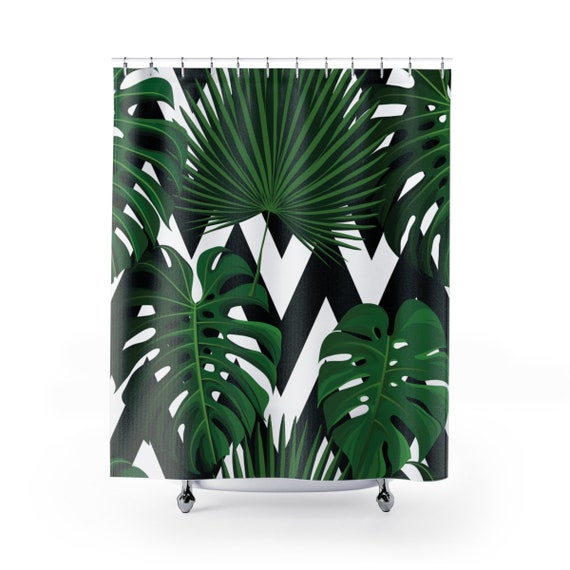 Green Tropical Palm Monstera Leaves Chevron Shower Curtains Etsy