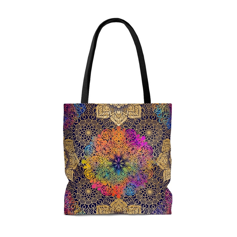 Boho Grocery Bag Mandala Shoulder Bag Rainbow Mandala Tote Bag Black Reusable Bag Boho Cloth Bag Mandala Grocery Bag Black tote bag