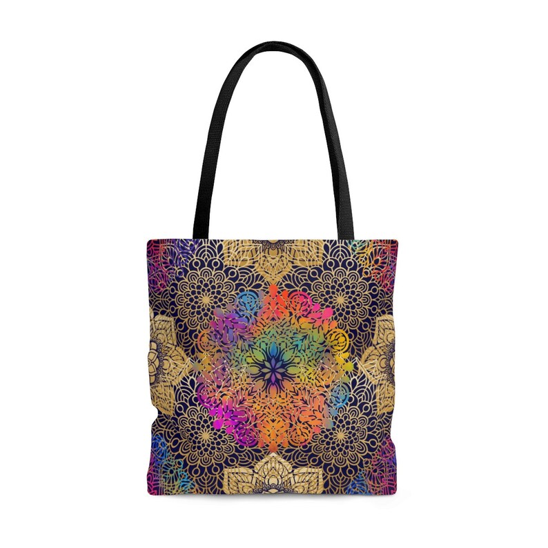 Boho Grocery Bag Mandala Shoulder Bag Rainbow Mandala Tote Bag Black Reusable Bag Boho Cloth Bag Mandala Grocery Bag Black tote bag