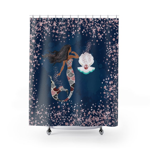 Mermaid African American Shower Curtains Bathroom Decor Navy Purple Under The Sea Ocean Decor