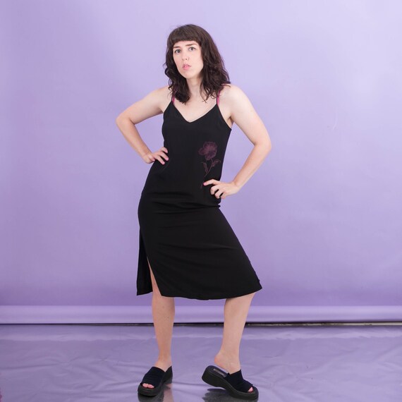 Vintage Black Silk Slip Dress Floral / 90s 00s Y2k
