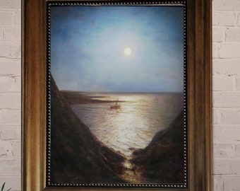 The Moon, Clair de lune by Alexey Bogolyubov  Giclée canvas 3D hand finished premium print with brush strokes and golden vintageous frame.