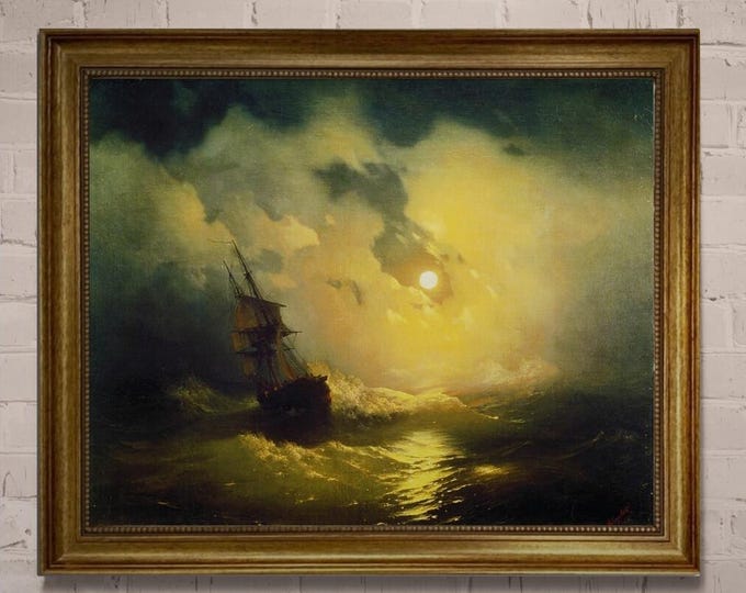Aivazovsky Stormy Sea at Night Canvas Print: Nautical Maritime Art, Golden Vintage frame