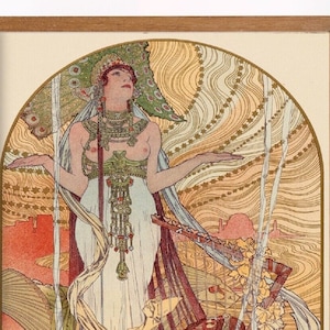 May include: A vintage art print depicting a woman in a flowing white gown with a crown and jewellery, standing above a man kneeling on the ground. The background is a colourful and intricate design with swirling lines and patterns.
