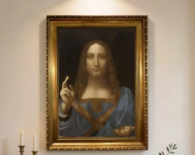Salvator Mundi Painting Print: Religious Canvas Art (Framed, Hand-Brushed)