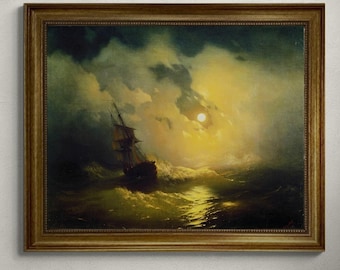 Stormy Sea at Night Aivazovsky Gliclée canvas hand finished premium print with brush strokes and golden vintageous frame looks like original