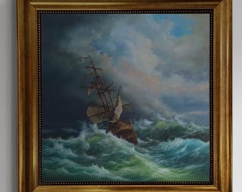 Tall Ship Decoration, 3D hand finished premium print on canvas with brush strokes & golden vintageous frame, Look like original oil painting