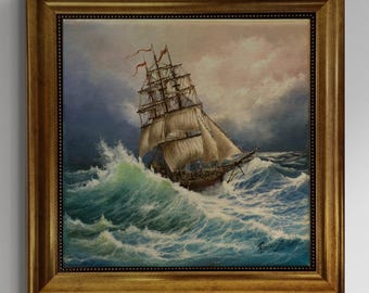 Voyage of the Valiant, Giclée Tall Ship Canvas Print with Golden Frame