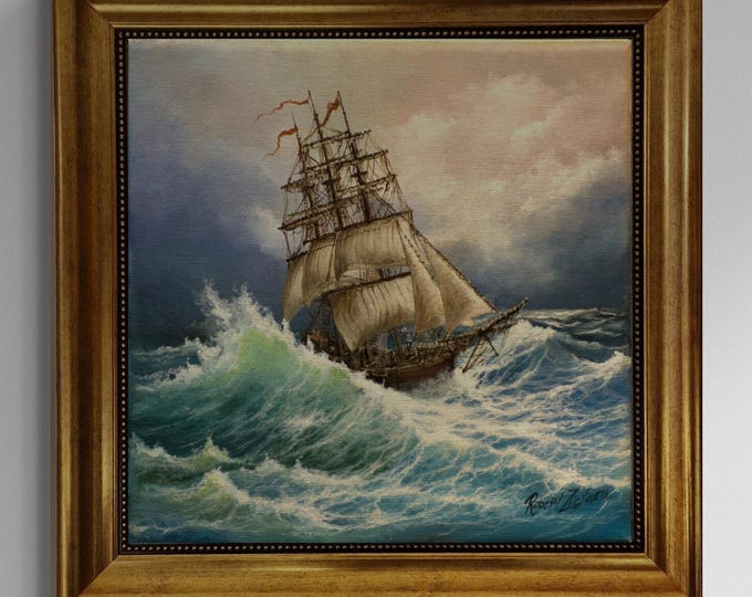 Voyage of the Valiant, Tall Ship Gliclée canvas hand finished premium print w brush strokes and golden vintageous frame looks like original