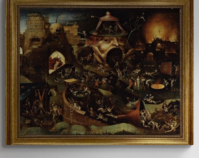 Bosch reproduction Christ in Limbo, canvas hand finished premium print with brush strokes and golden vintageous frame looks like original