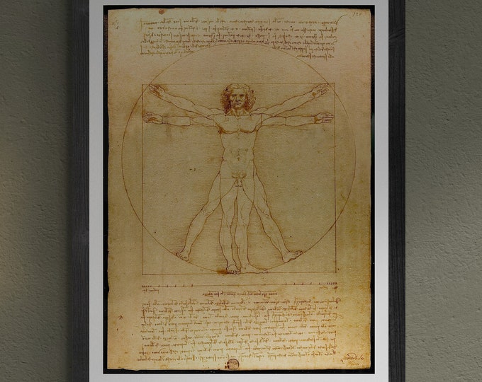 Vitruvian Man Da Vinci’s Masterpiece, Giclee Print on Heavyweight Paper, Canvas or 3D texture print with brush strokes, looks like original