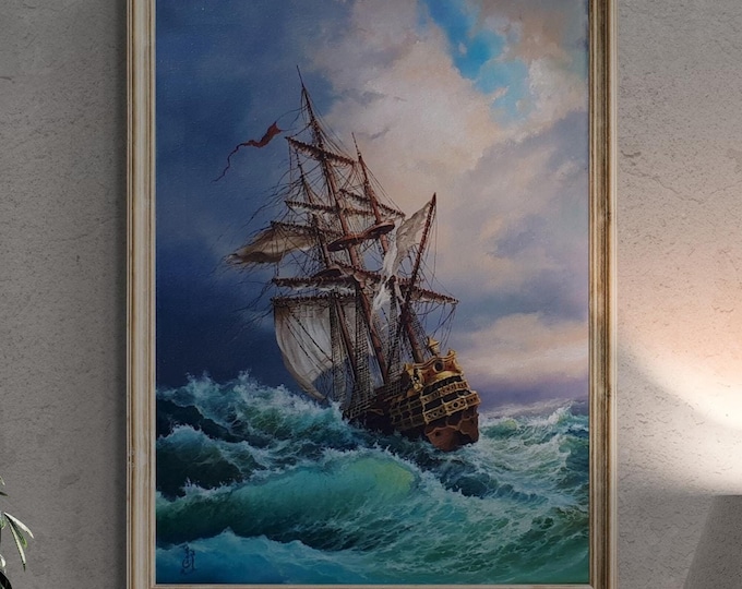 Ship original painting "After Storm", Decorative-vintage seascape, canvas ship tall painting, sailing ship at sea gift, customer commission