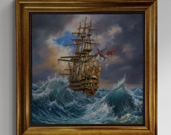 Sailing ship decor, Tallship Gliclée canvas hand finished premium print with brush strokes and golden vintageous frame looks like original