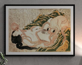 Sensual Encounter: Katsushika Hokusai’s Dream of the Fisherman’s Wife, paper art canvas or 3D Hand Finished Premium print with brush strokes