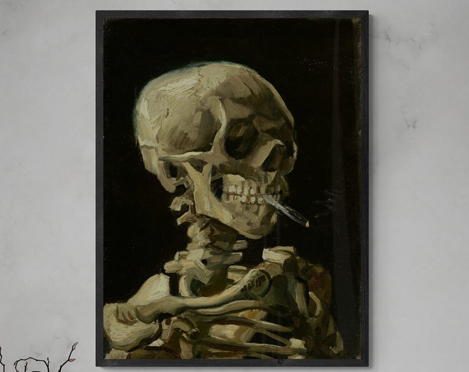 Head of Skeleton with Burning Cigarette, Van Gogh Giclée Art Print, Heavyweight paper/art canvas, 3D printed with texture and brush strokes