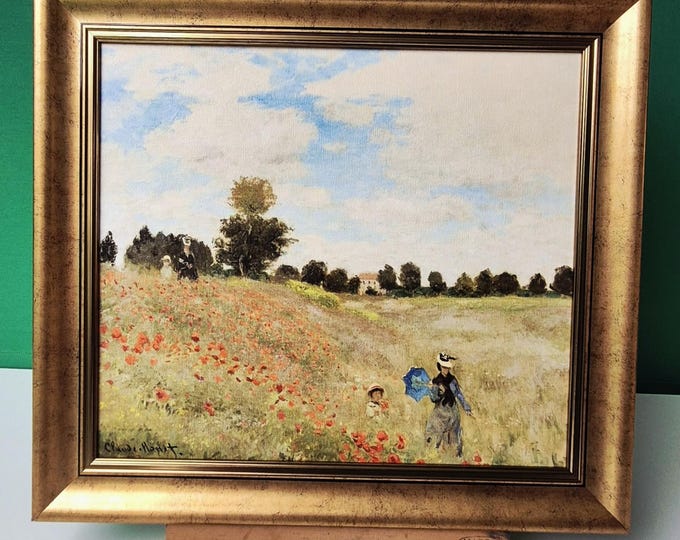 Monet Poppy Field Canvas Print: Vintage Gold Frame, Brush Stroke Texture