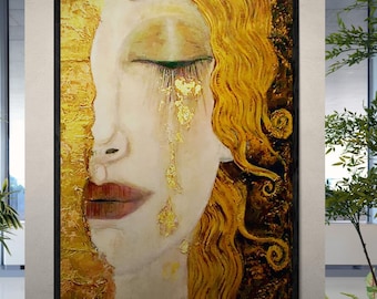 Golden Tears Art Print | Gustav Klimt-Inspired Wall Art | Freya's Tears Canvas | 3D texture Print with Brush Strokes | Elegant Women’s Décor