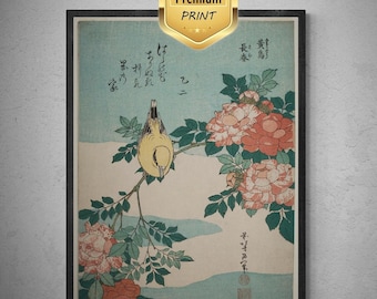 Katsushika Hokusai - Warbler and Roses | Fine Art Print | Art Paper, Canvas & 3D Hand Finished Premium Texture Print with brush strokes