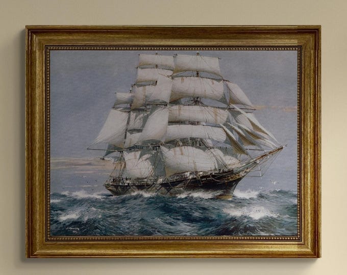 Cutty Sark by Jack Spurling, Gliclée canvas hand finished premium print with brush strokes and golden vintageous frame looks like original