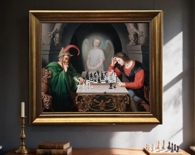 Checkmate painting by Moritz Retzsch (1831), Canvas Print with Brush Strokes, Vintage Golden Frame