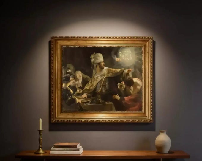 Rembrandt Belshazzar Fest Art Print, Vintage Golden Frame and Brush Strokes