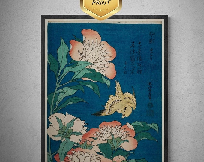 Katsushika Hokusai - Peonies and Canary | Fine Art Print | Art Paper, Canvas & 3D Hand Finished Premium Texture Print with brush strokes