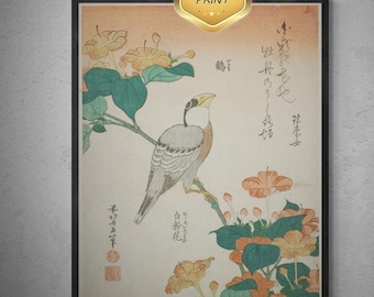 Katsushika Hokusai - Hawfinch and Marvel of Peru | Fine Art Print | Art Paper, Canvas & 3D Hand Finished Premium Texture Print