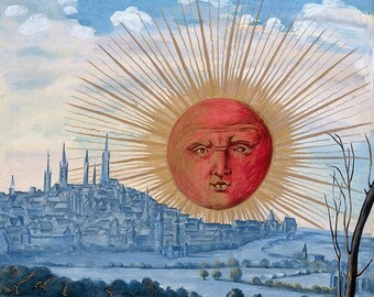 The Sun with human face rising from Splendor Solis by Salomon Trismosin, Art Prints, Experiencing the Mysteries of the Universe Through Art!