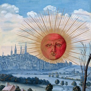 The Sun with human face rising from Splendor Solis by Salomon Trismosin, Art Prints, Experiencing the Mysteries of the Universe Through Art!