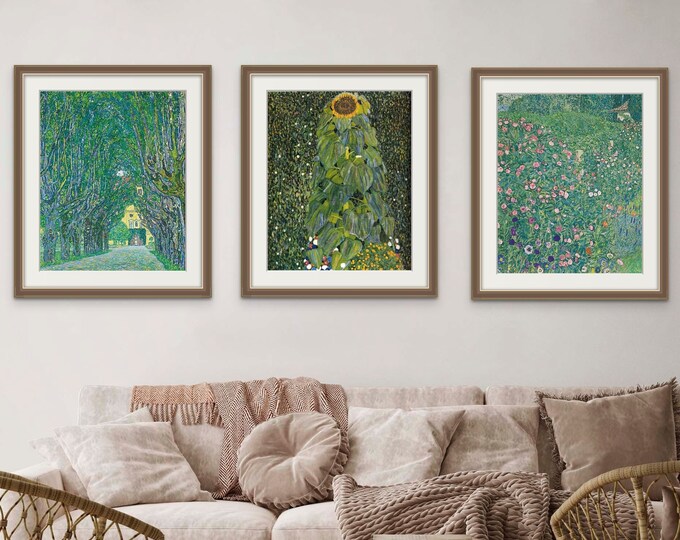 GUSTAV KLIMT wall art set of 3 prints, Floral, Botanical, Plant, Green sage, giclee prints