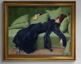 Ramon Casas "Young Decadent" Canvas Print with brush strokes texture and Vintage Golden Frame