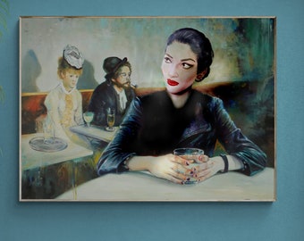 Unique Portrait of Diva Opera Soprano Maria Callas in a Café | Fine Art Giclée Print | Elegant Wall Décor for Timeless Home Styling