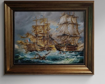 Battle of Trafalgar HMS Victory, Giclée Canvas Print with Vintage Frame