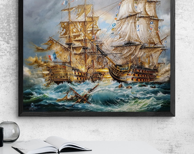BATTLE of TRAFALGAR historical scene, HMS Victory battle ship, Tall Ship decoration, Napoleonic time, Giclee canvas of original oil painting