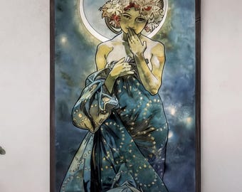 Alphonse Mucha Moon Art Nouveau Canvas Print, Hand Finished, Floating Frame