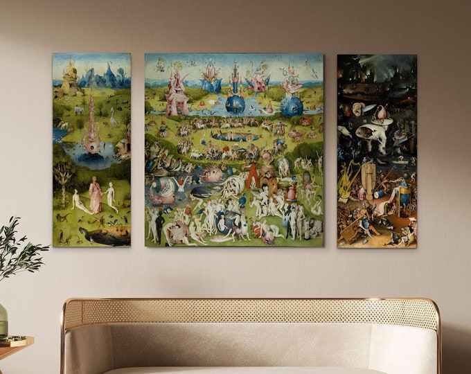 Hieronymus Bosch: Garden of Earthly Delights | 1490 Triptych Reproduction | Bosch Garden Canvas 3-Panel Print | Oversized Classical Wall Art